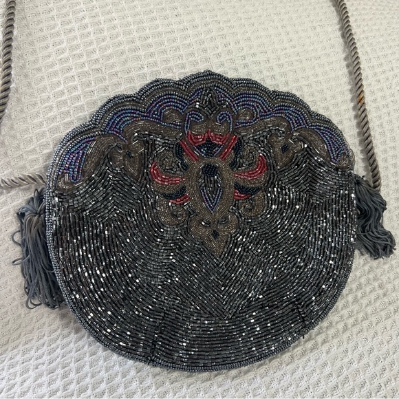 Vintage Retro Beaded Purse Bag Clutch Crossbody Shoulder bag‎ Grey Purple Tassel - Picture 9 of 14
